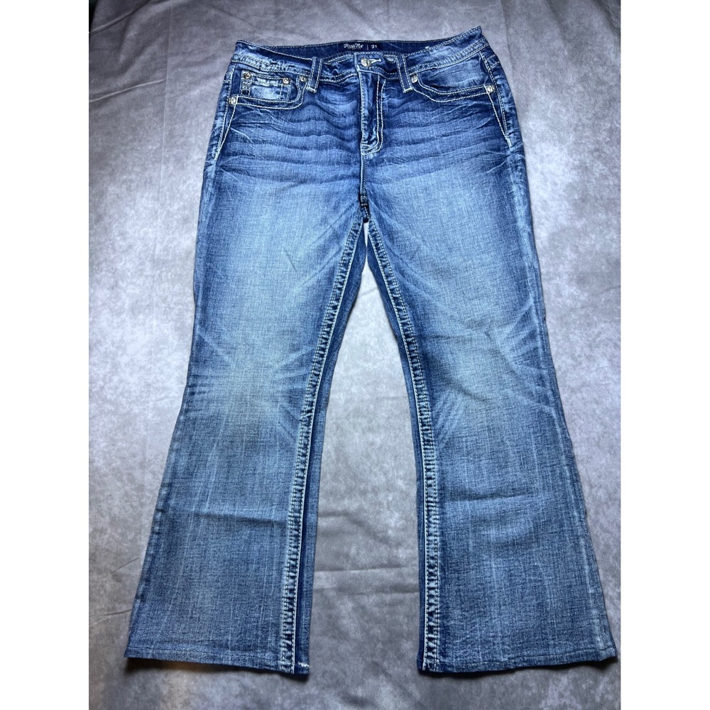 Miss Me Curvy Boot Jeans Women 31 Blue Fleur De Lis Sequin Studded E9180VB5S
